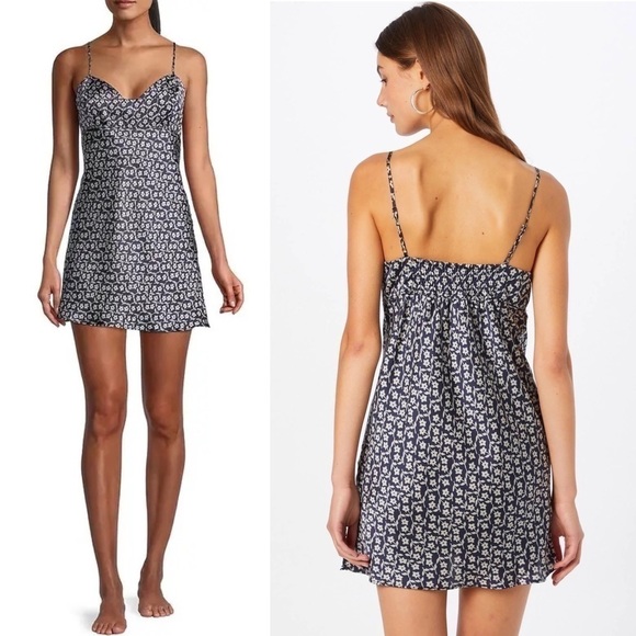 NWT‎ FREE PEOPLE 90s Y2K Floral Satin Sleeveless Mini Dress Smocked Back Slip M - Picture 2 of 11